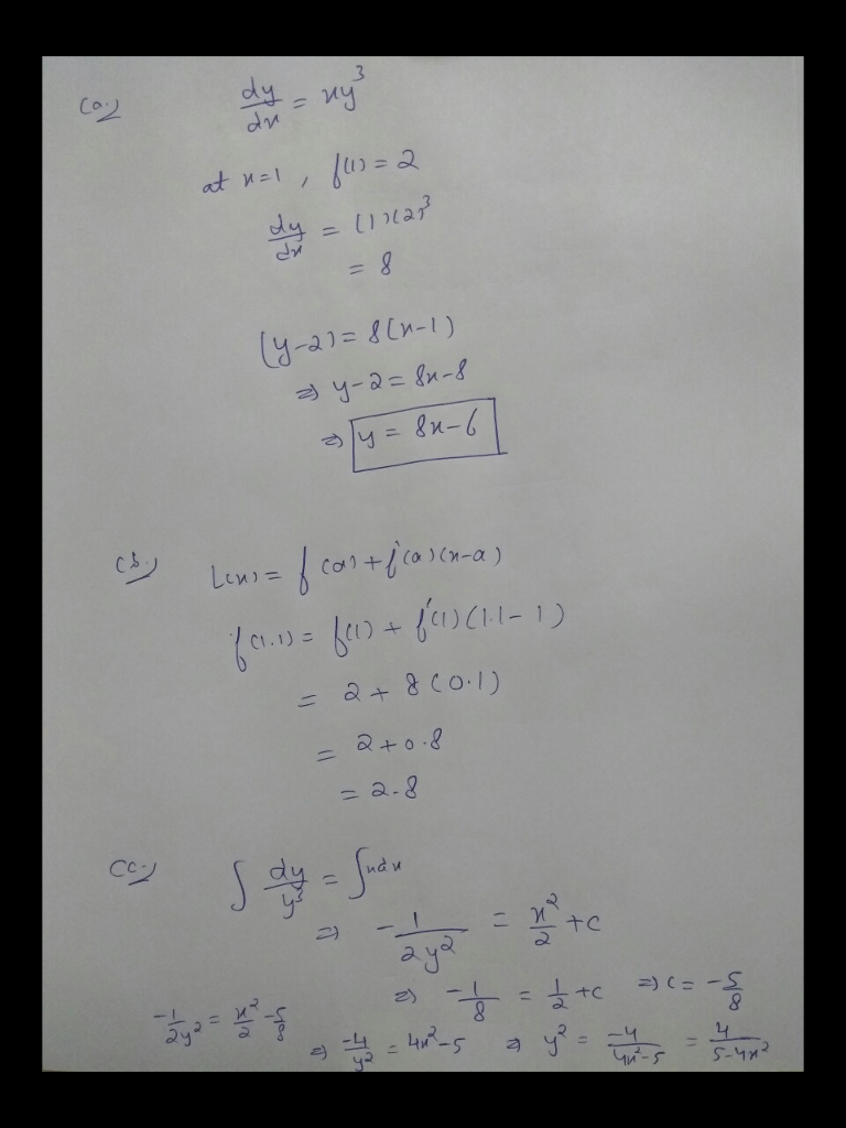 Solutions to the differential equation dy/dx = xy^3 also satisfy d^2y/dx^2 = y^3 (1 + 3x^2 y^2). Let y = f(x) be a particular solution to this differential equation with f(1) = 2 write an equation for the line tangent to the graph of y = f(x) at x = 1. Use the tangent line equation from part (a) to approximate f (1.1). Find the particular solution to this differential equation with initial condition f(1) = 2.
